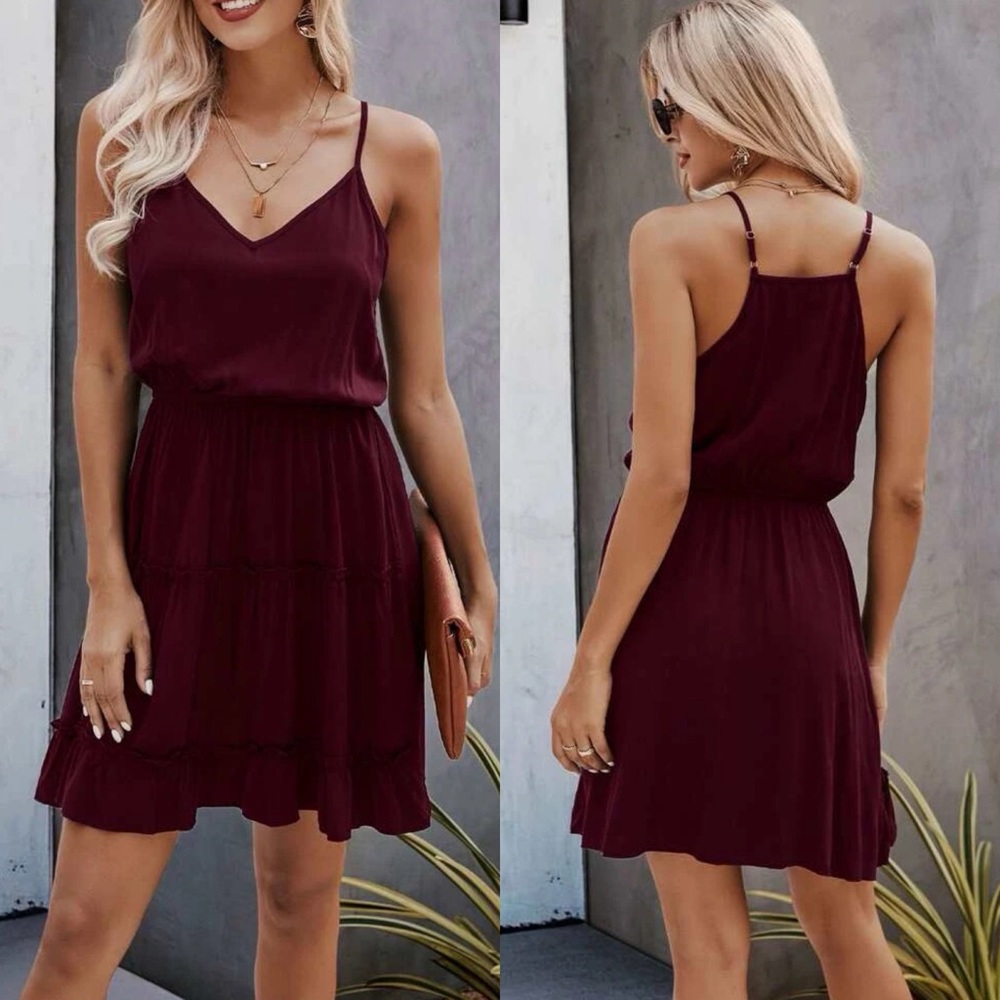 Boho v neck dress ruffle tiered cami strap racerback dusty pink - Picture 4 of 5